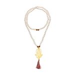 Lange Mala Kette Ganesha mit Süßwasser Perlen, Rudraksha Perlen und vergoldetem Ganesha Anhänger. 100 cm.