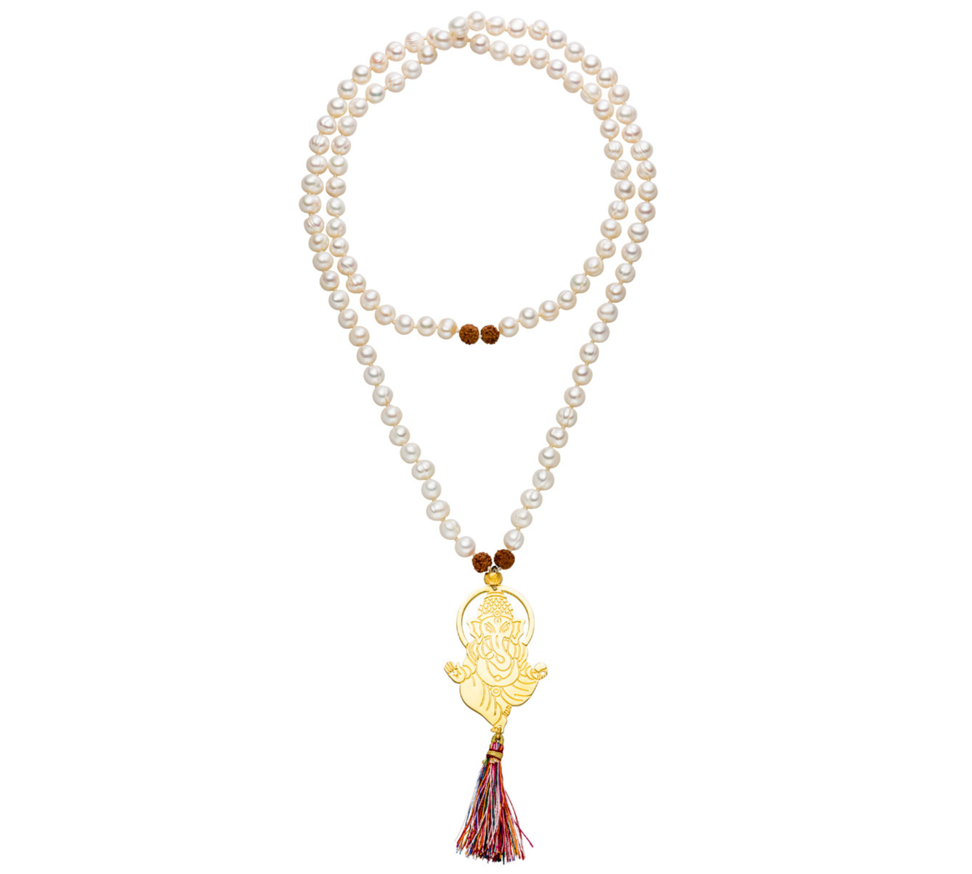 Lange Mala Kette Ganesha mit Süßwasser Perlen, Rudraksha Perlen und vergoldetem Ganesha Anhänger. 100 cm.