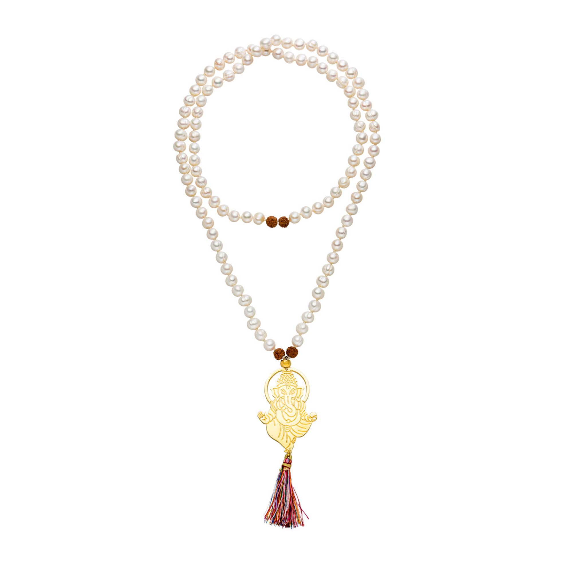 Lange Mala Kette Ganesha mit Süßwasser Perlen, Rudraksha Perlen und vergoldetem Ganesha Anhänger. 100 cm.