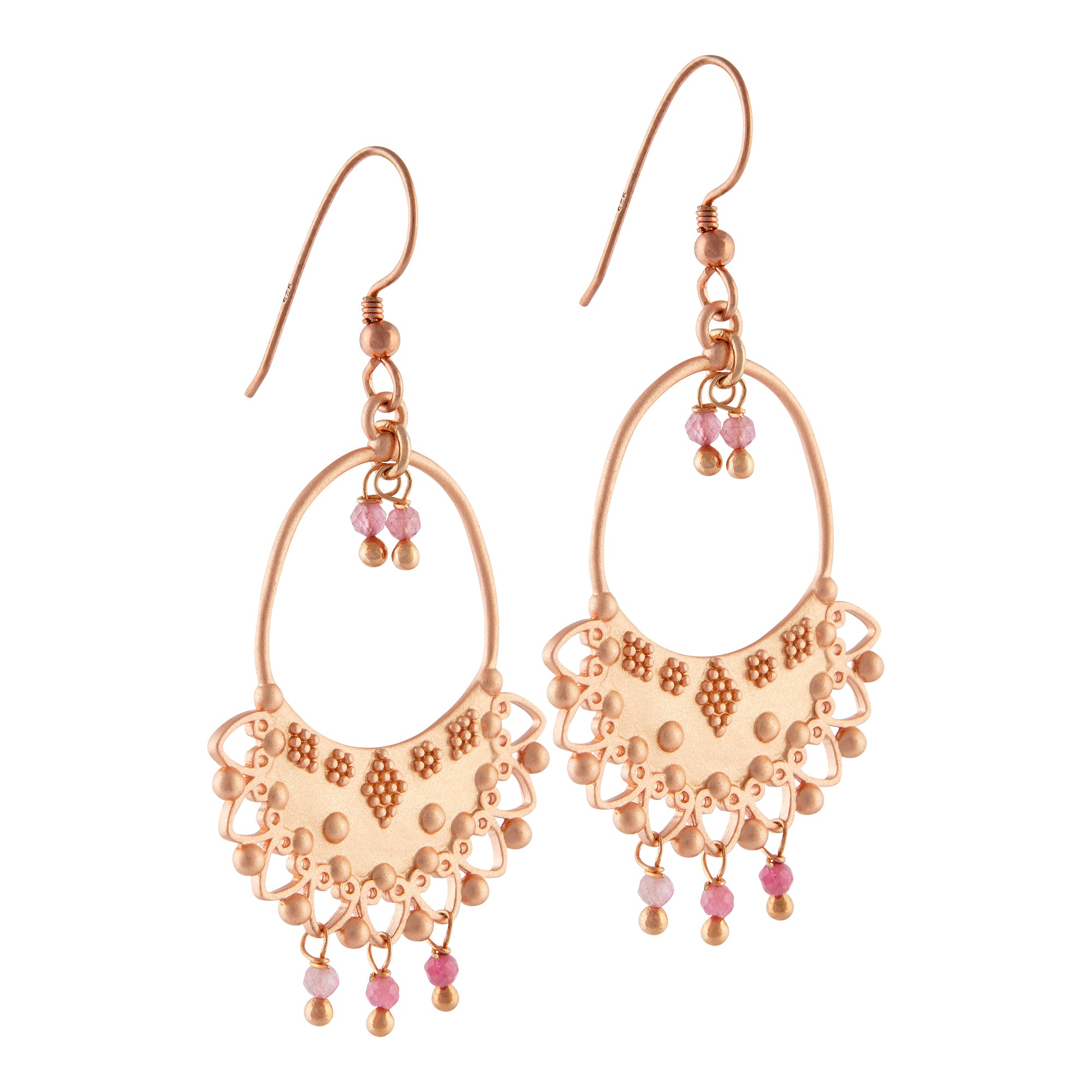 Mond Ohrringe indisch mit Halbmond und Edelsteinen aus Silber rosévergoldet.