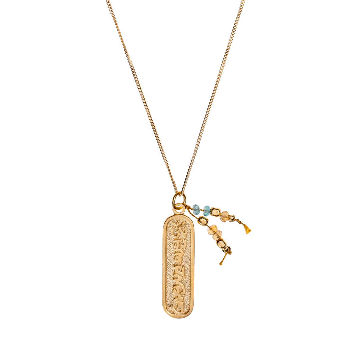 Mantra Kette mit Om Mani Padme Hum Gravur aus 18K vergoldetem Silber. Echte Citrin Edelsteine. Yoga Kette für Mitgefühl.