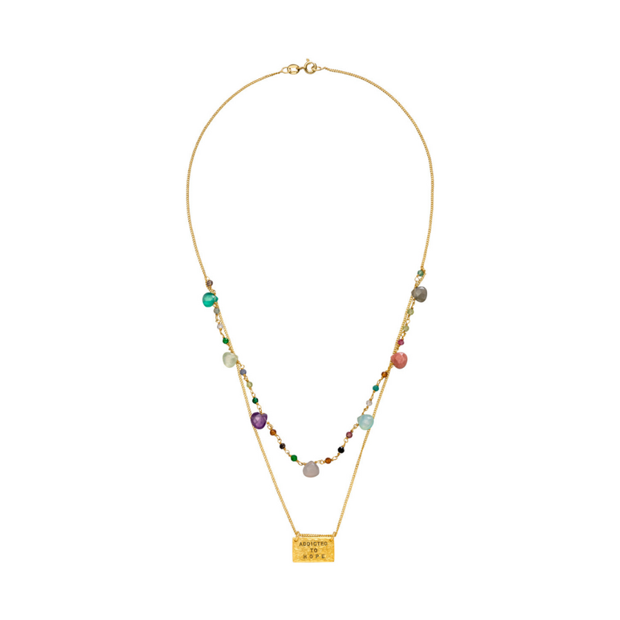 Vergoldete Layering Kette mit geschliffenen großen und kleinen Edelsteinen und Amulett Anhänger