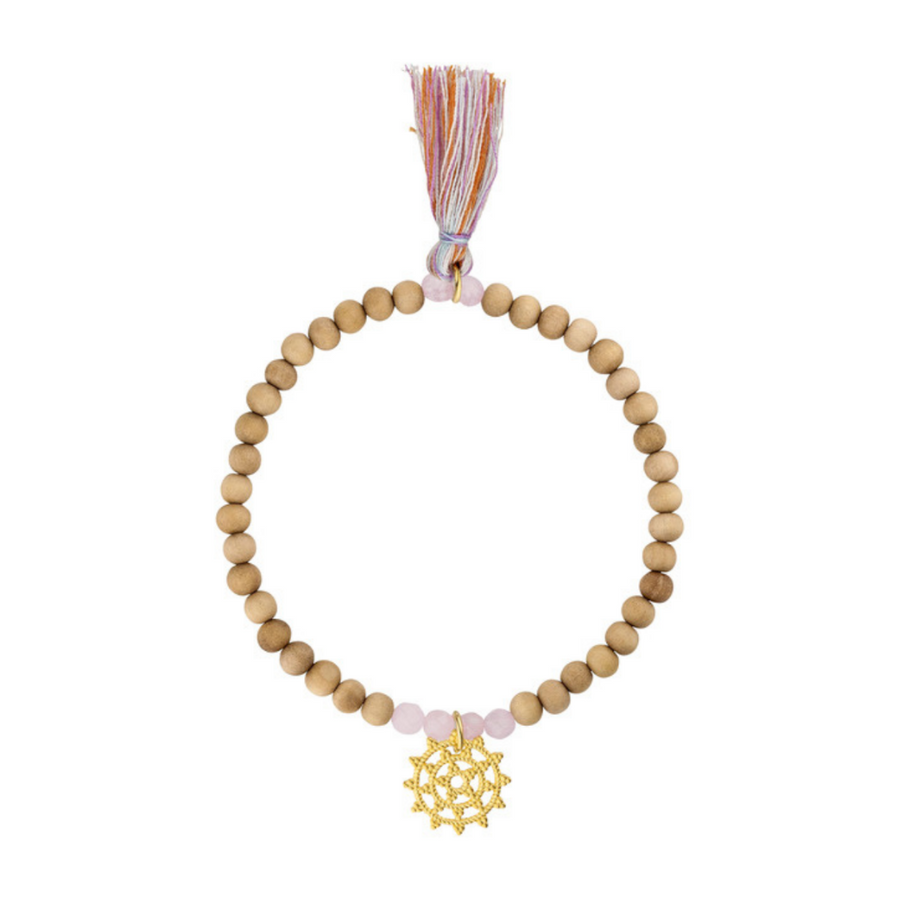 Shanti Armband Jong Sandelhout, Stretch, Wheel of Karma Goud