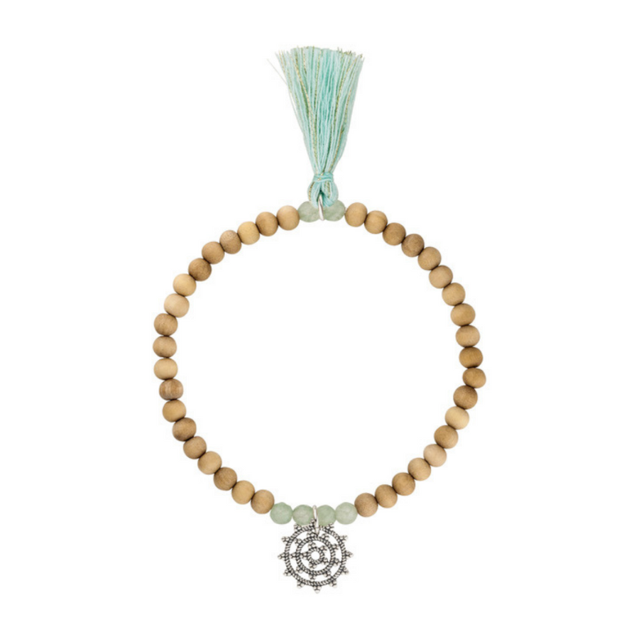Pulsera Shanti Sándalo Joven, Elástico, Rueda del Karma Plata