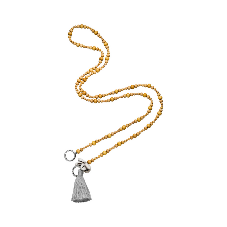 Handykette Perlen aus Sandelholz mit grauer Quaste und silbernen Ringen zum Befestigen am Smartphone