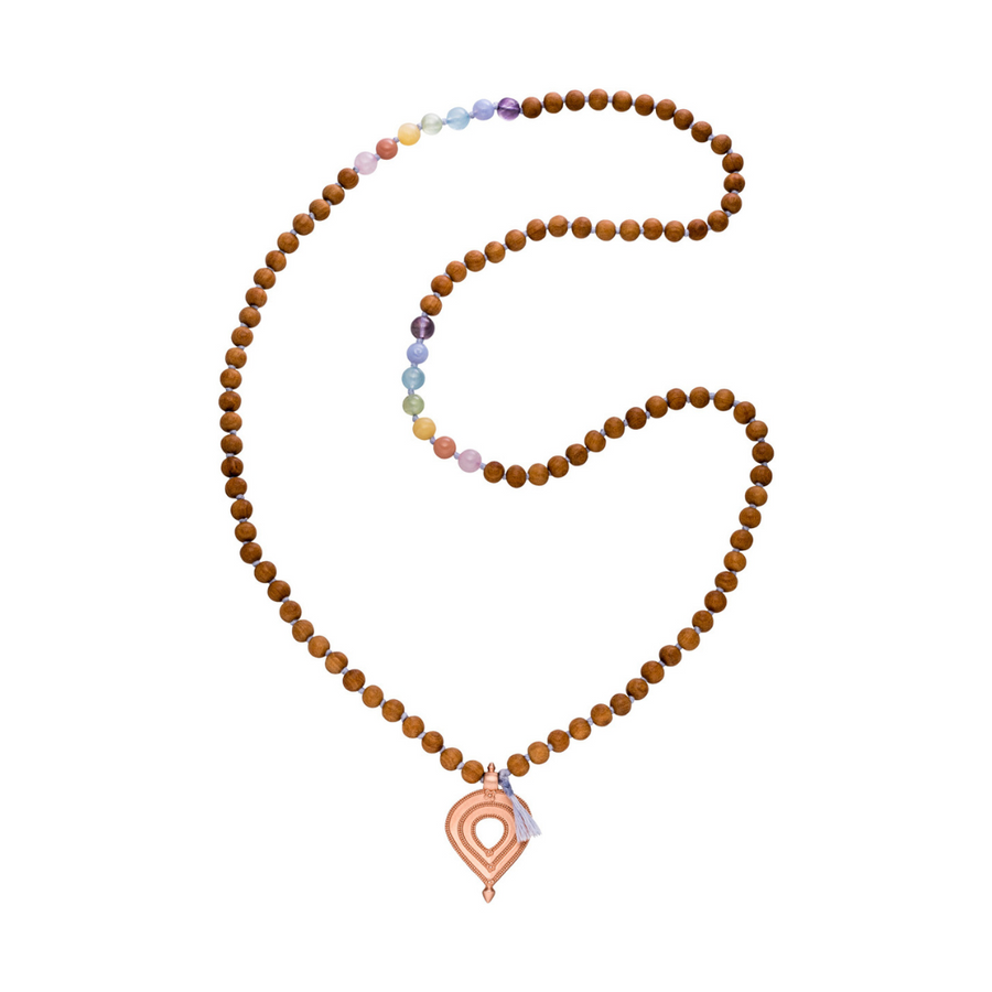 Mala Kette mit rosevergoldetem Herz und 7 Chakra Edelsteinen. 