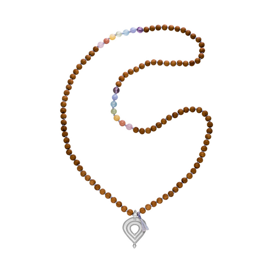 Mala Kette aus Sandelholz Perlen und 7 Chakra Edelsteinen mit hochwertigem 925er Silber herz