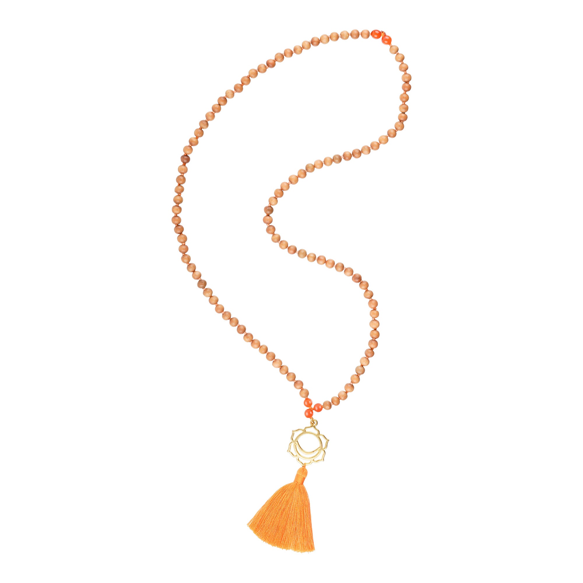 Kurze Sakral Chakra Mala Kette mit Karneol und Sandelholz Perlen. 70 cm.