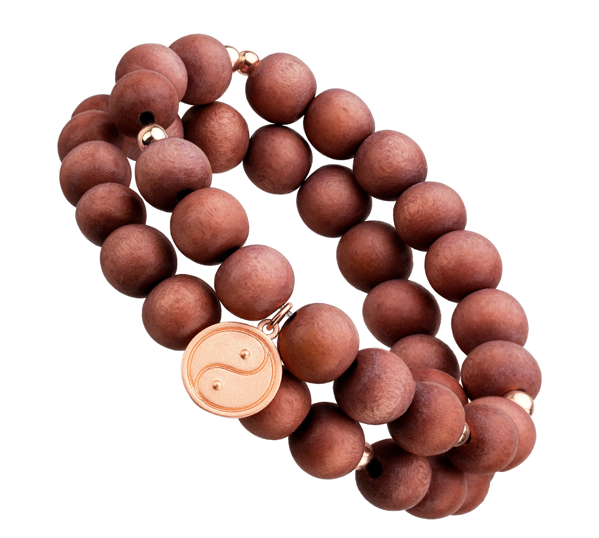 Holzperlen Armband zum Wickeln mit einem rosévergoldeten Yin & Yang Anhänger, ca. 39 cm. Vintage Wood Damen Armband.