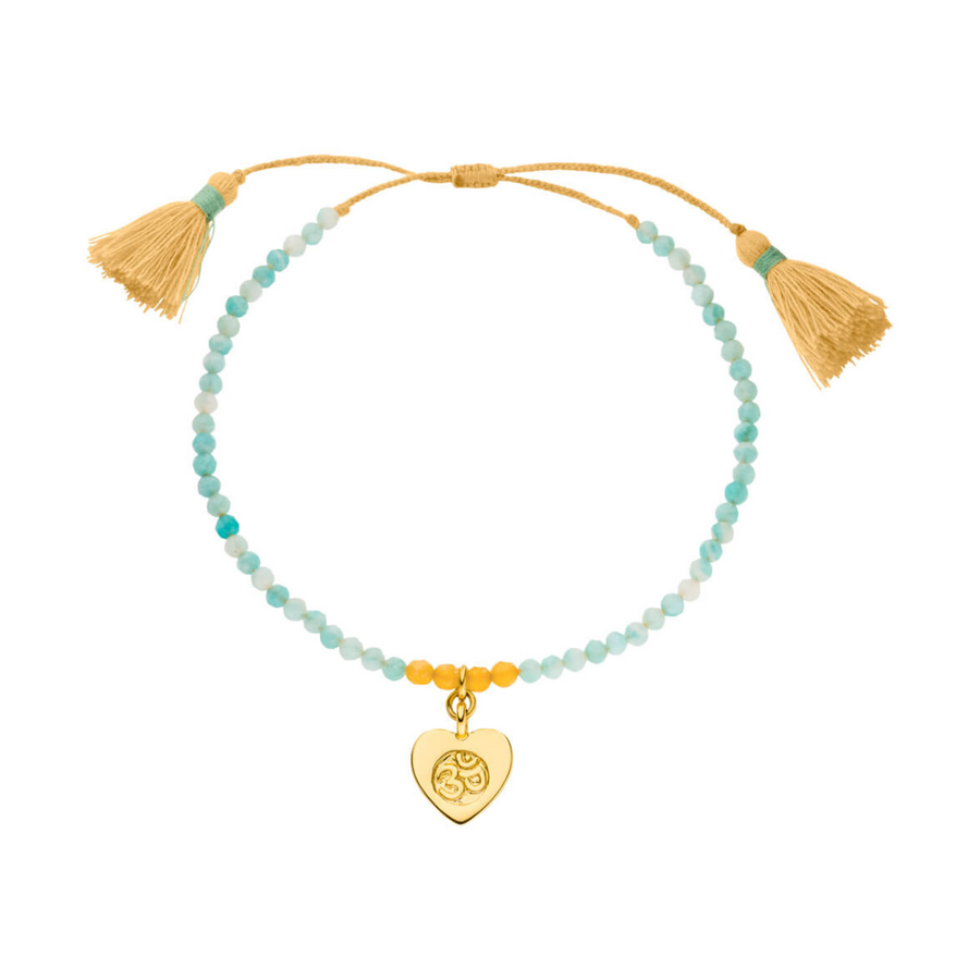 Längenverstellbares Edelstein Armband mit Amazonit und Acht Edelsteinen und goldenem Om Herz.
