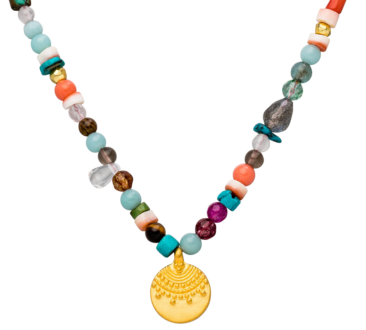 Choker Kette mit bunten Edelsteinen und Gold Anhänger Sonne.