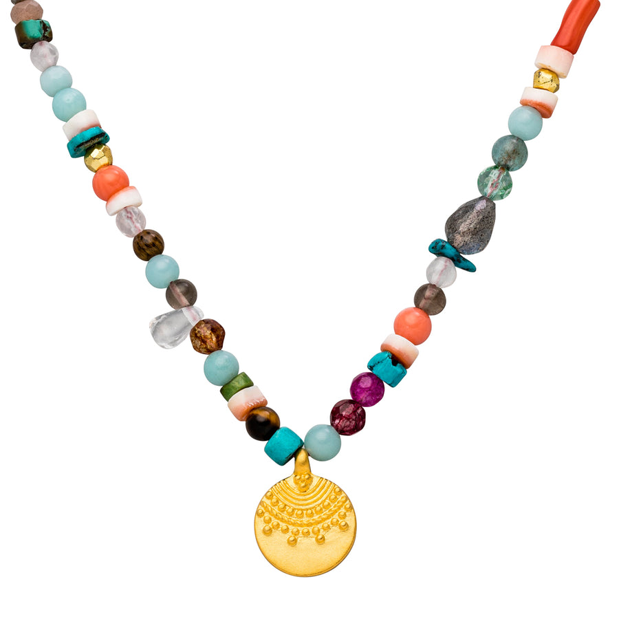 Choker Kette mit bunten Edelsteinen und Gold Anhänger Sonne.