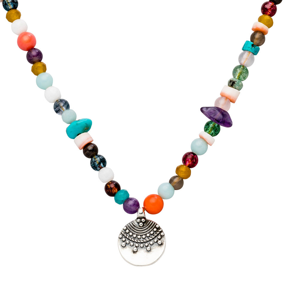 Bunte Edelsteine Choker Kette und Sterlingsilber Anhänger Sonne