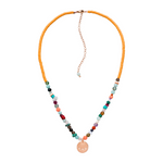 Choker Kette aus gelben Perlen, Edelsteinen und rosegoldenem Münze Anhänger.