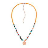 Choker Kette aus gelben Perlen, Edelsteinen und rosegoldenem Münze Anhänger.
