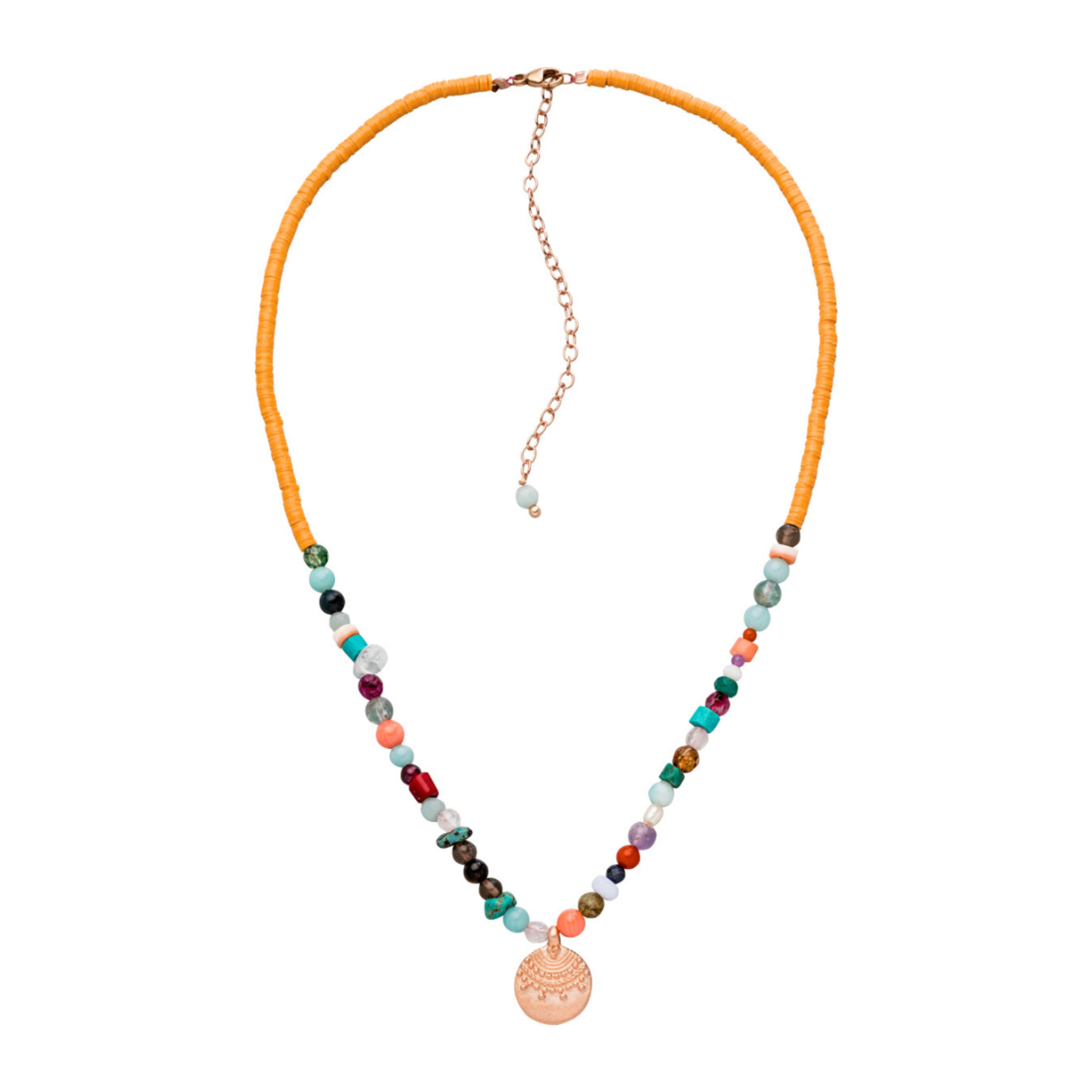 Choker Kette aus gelben Perlen, Edelsteinen und rosegoldenem Münze Anhänger.