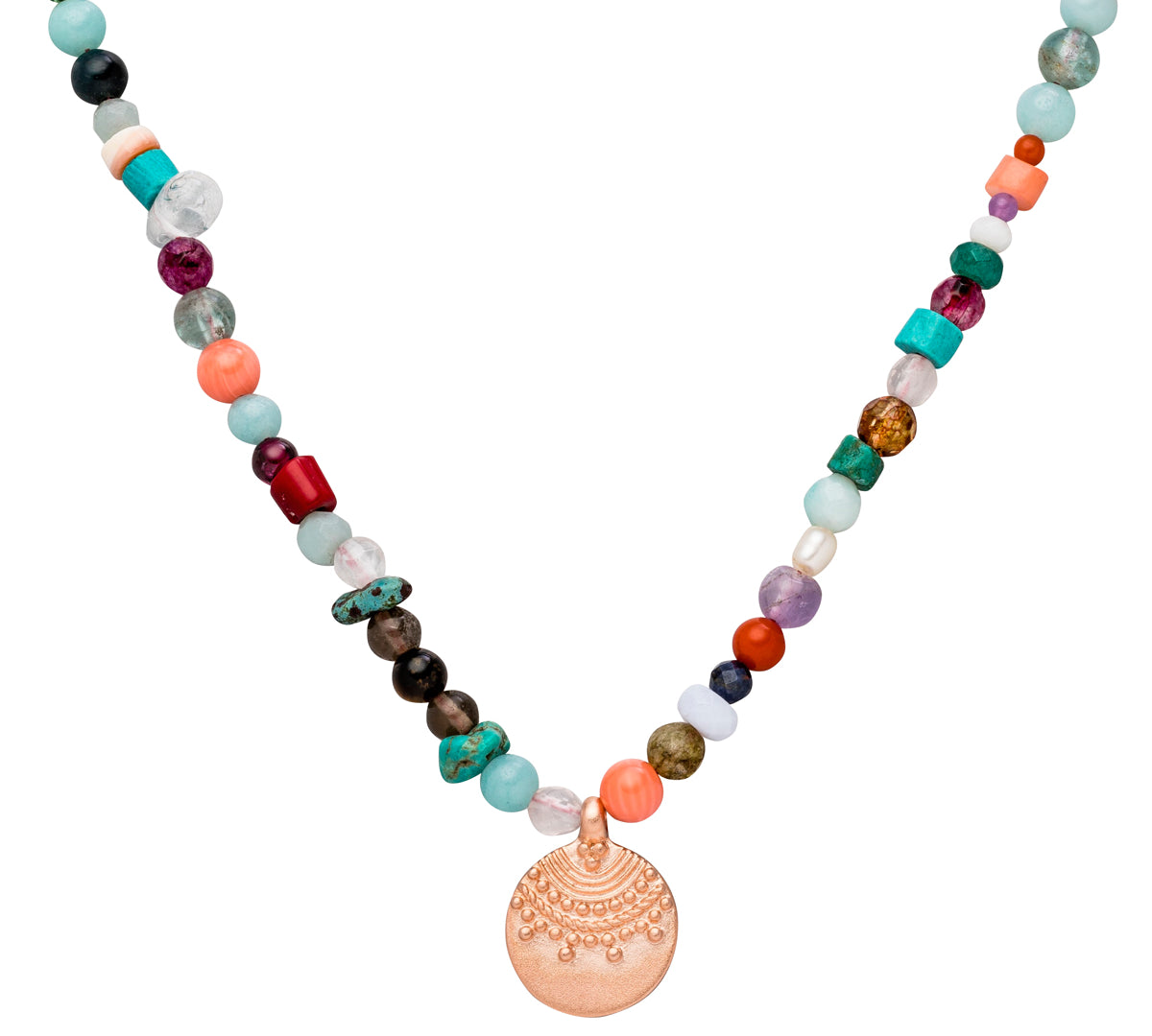 Bunte Choker-Kette mit echten Edelsteinen und Rose Gold Anhänger.