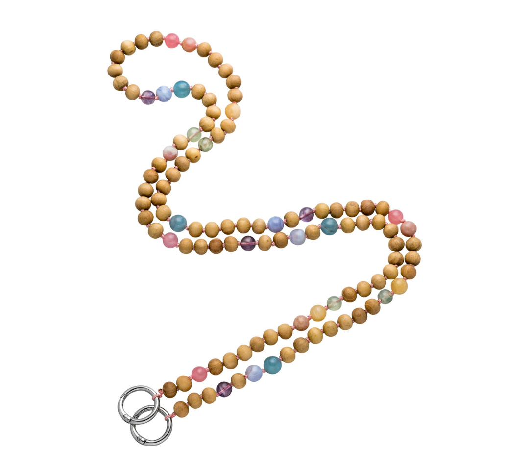 Mala Handykette Perlen aus Sandelholz und 7 pastellfarbenen Edelstein Perlen. 1,10 m lang.