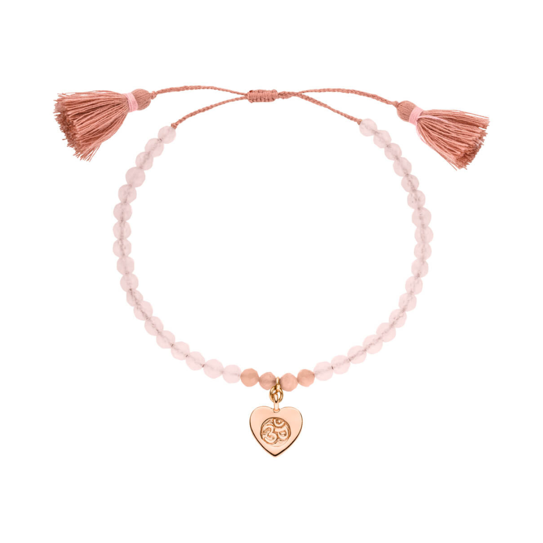 Herz Armband mit geschliffenen Rosenquarz Steinen mit OM Herz aus 925 Silber rosévergoldet. Einheitsgröße.