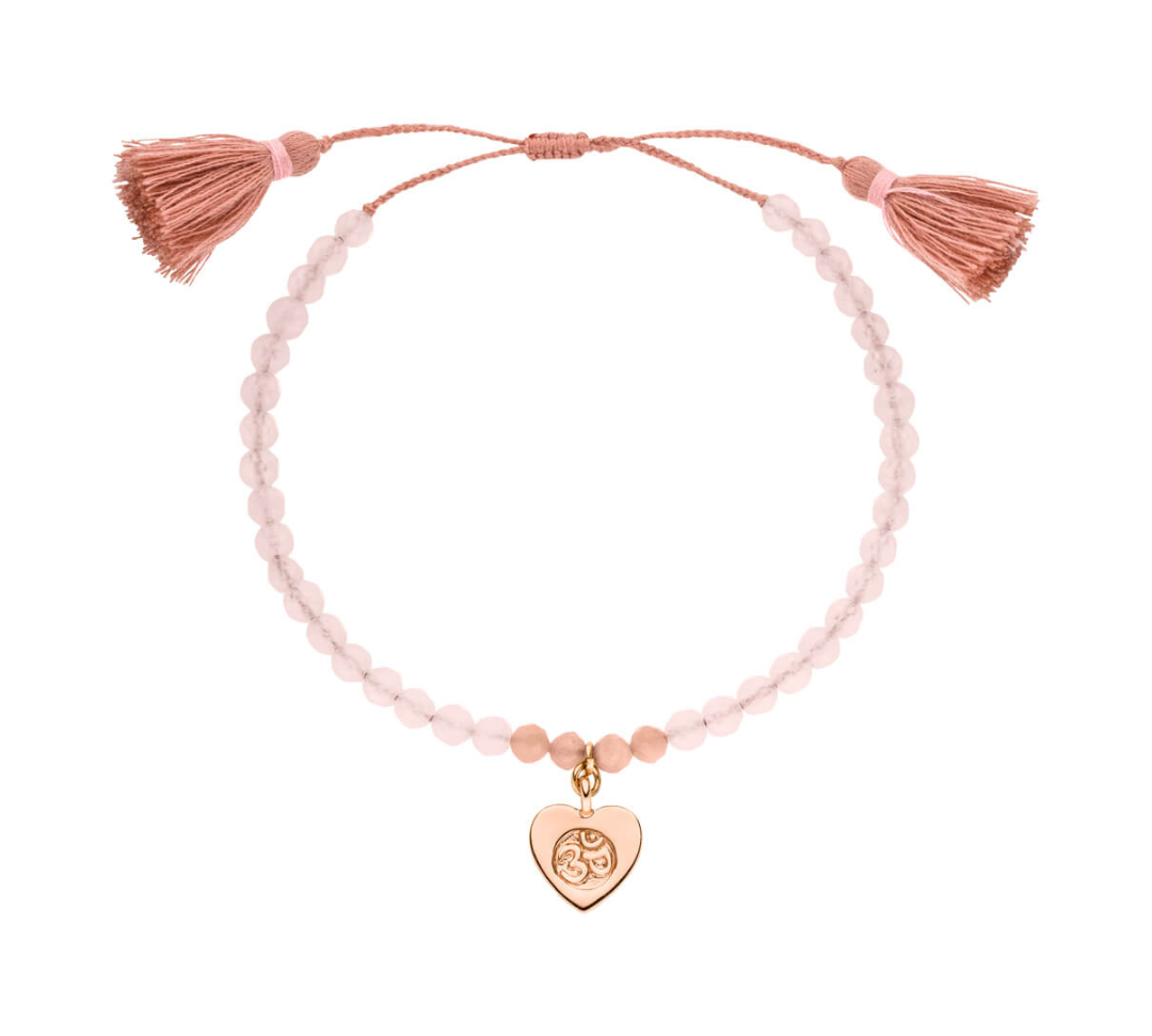 Herz Armband mit geschliffenen Rosenquarz Steinen mit OM Herz aus 925 Silber rosévergoldet. Einheitsgröße.