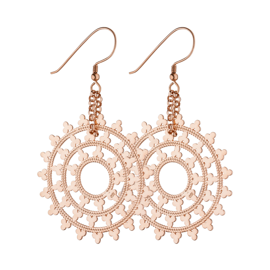 Boho Ohrringe Wheel of Karma aus 925 Silber rosévergoldet.