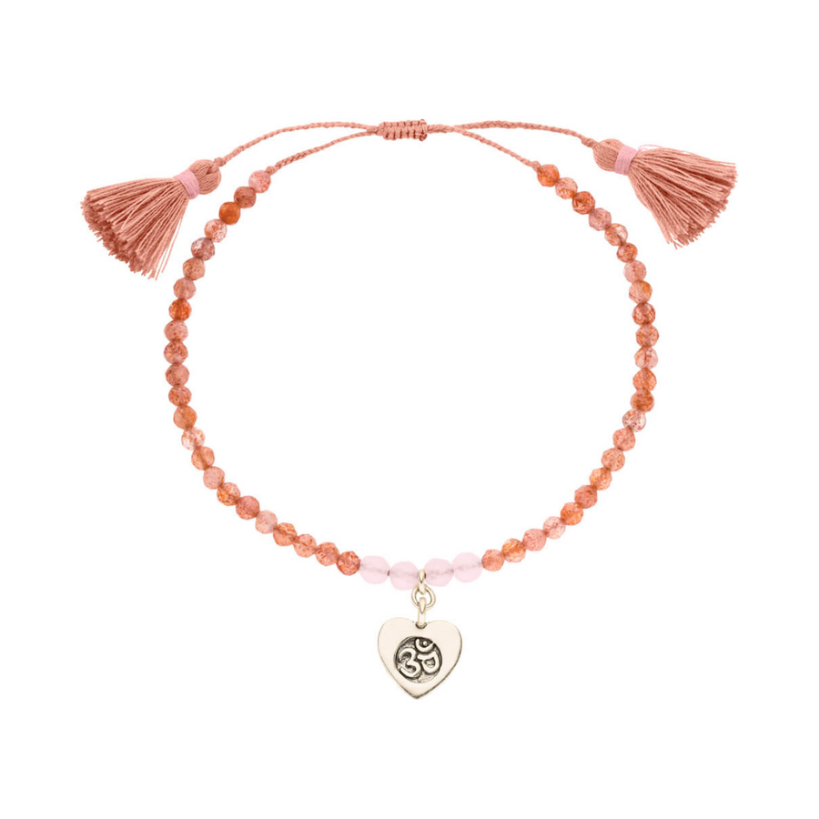 Edelstein Armband mit Rosenquarz und Sterlingsilber OM Herz.